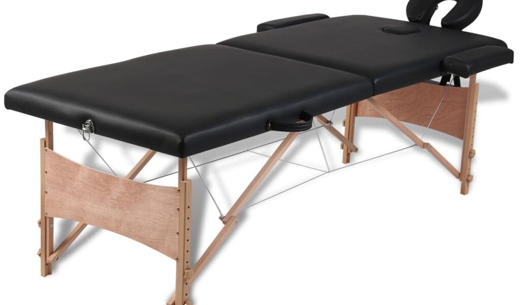 vidaXL Čierny skladací masážny stôl, 2 zóny, drevený rám
