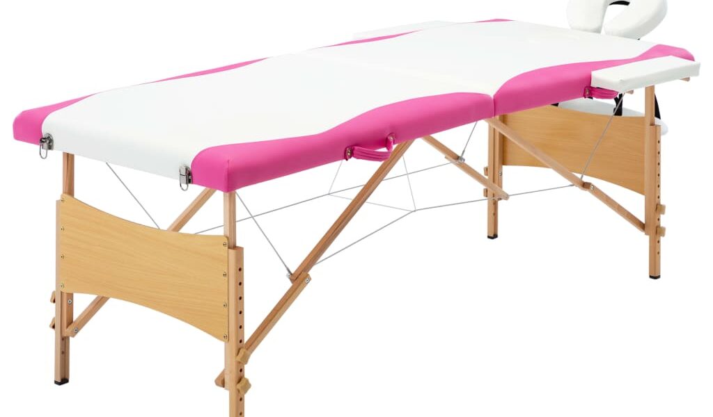 vidaXL Skladací masážny stôl, 2 zóny, drevo, bielo ružový